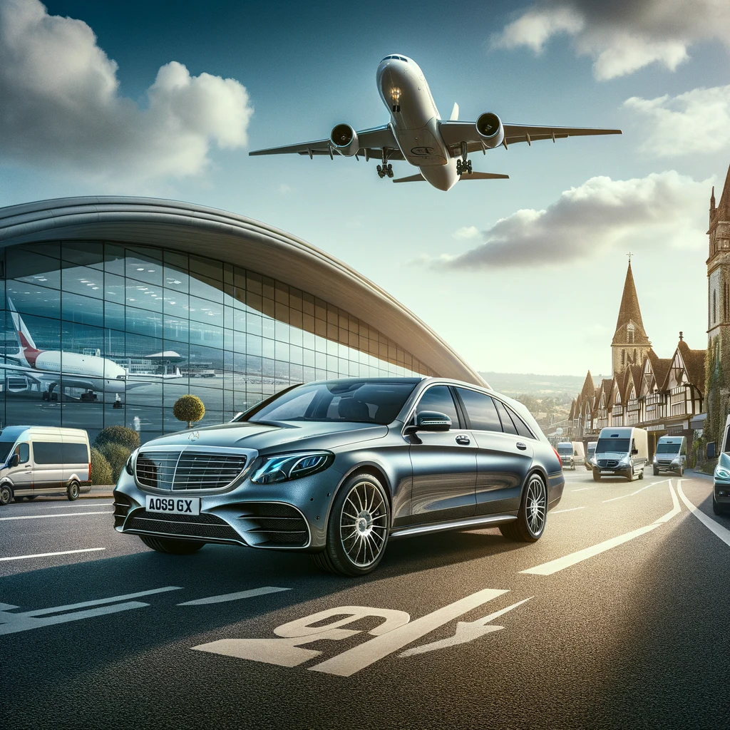 Dall·e 2024 03 26 11.16.46 Create An Image That Showcases A Luxurious Mercedes Saloon And An Mpv Positioned In Front Of An Airport, Symbolizing Upscale Airport Transfer Services